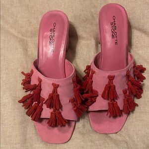 Charlotte Stone pink suede tassel slide block heel
mules size 8
